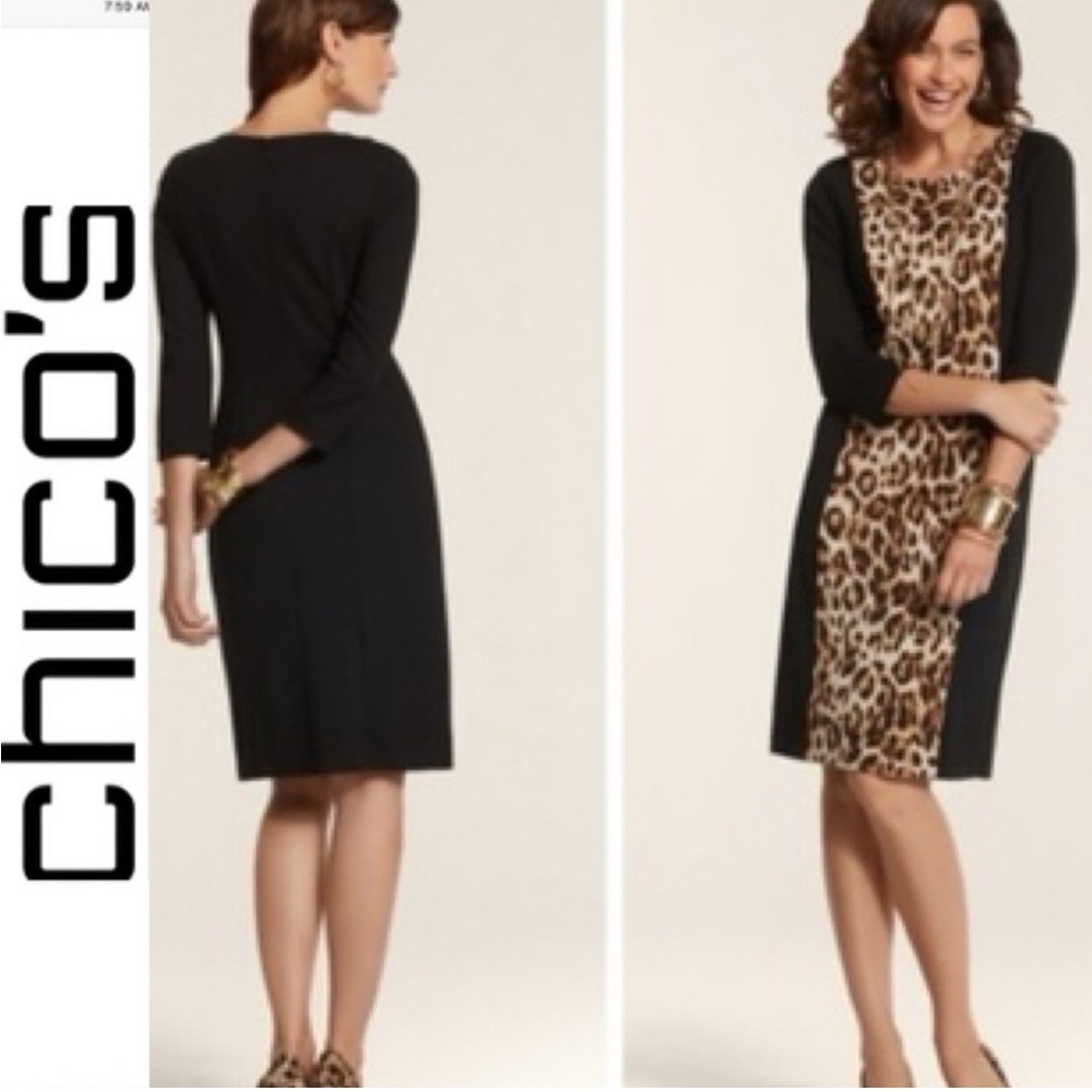 Chico's Black Dress with Leopard Print Panel Size 1.5 (8-10) - Picture 2 of 10